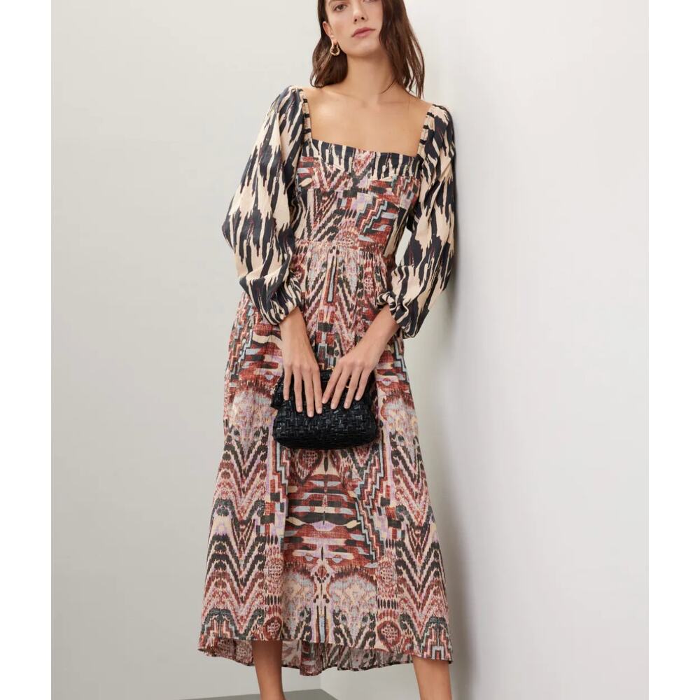 Maria Cher Batik Peasant Midi Dress MEDIUM Cottage Southwestern Western $475